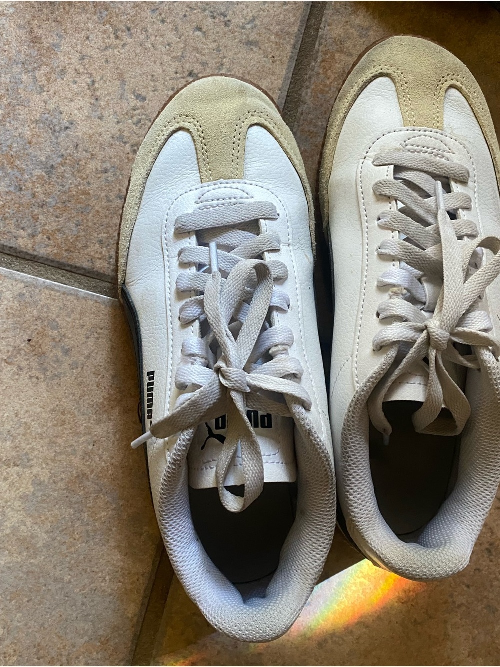 Puma women’s White and Beige Suede-Trim Low-Top Sneakers